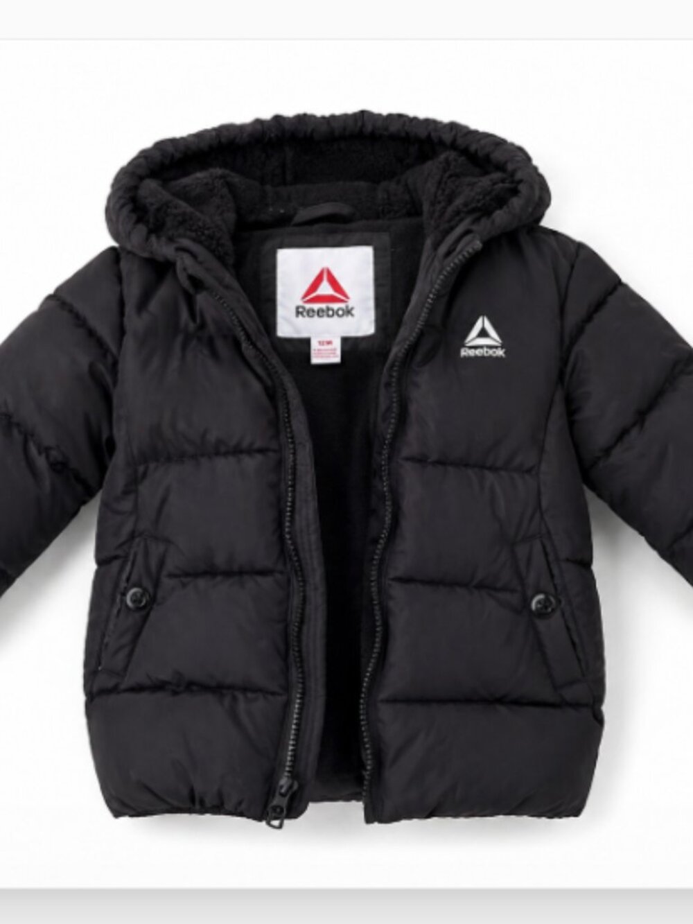 Reebok Baby Puffer Jacket Black Hooded Coat Size 12M Warm Winter